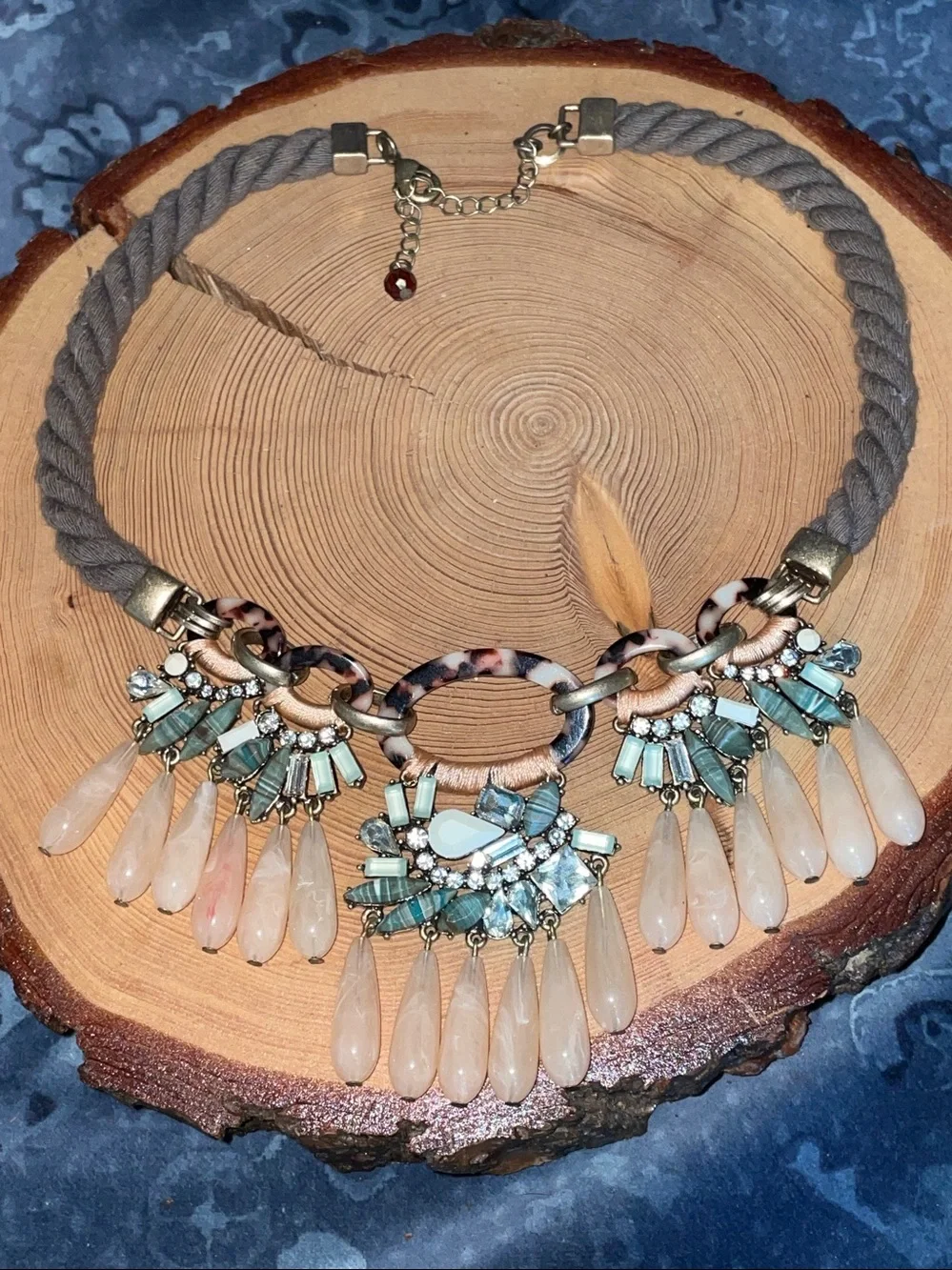 Anthropologie Rope Beaded Fringe Statement Bib Necklace Bohemian Chunky Peach